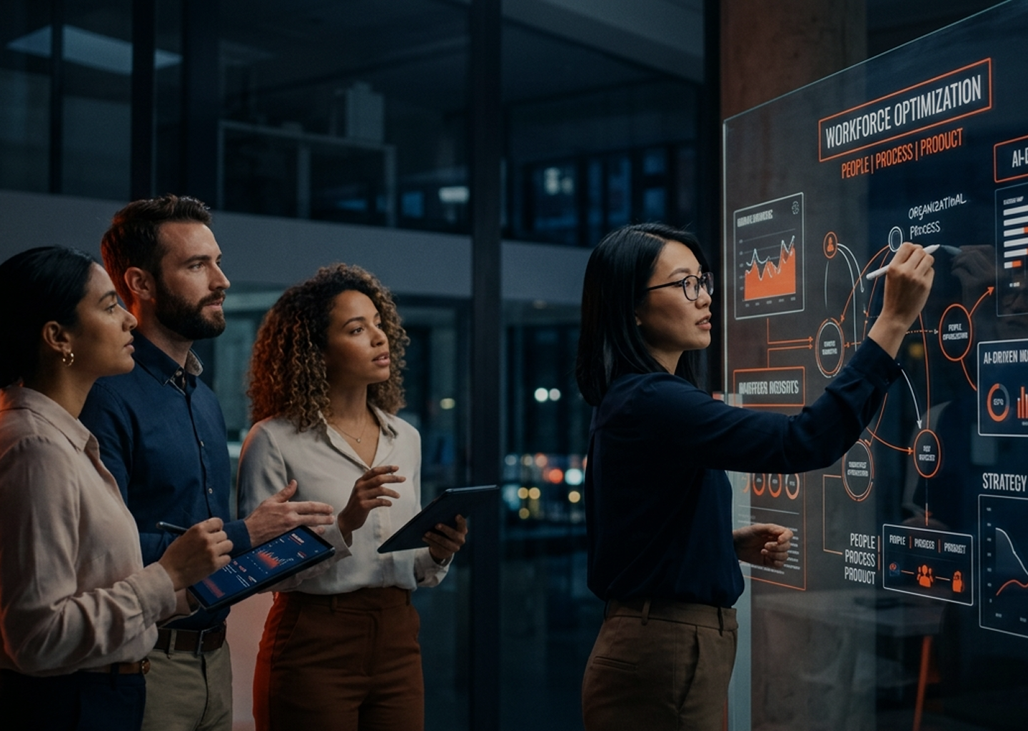 Consultant analyzing organizational processes on a glass board